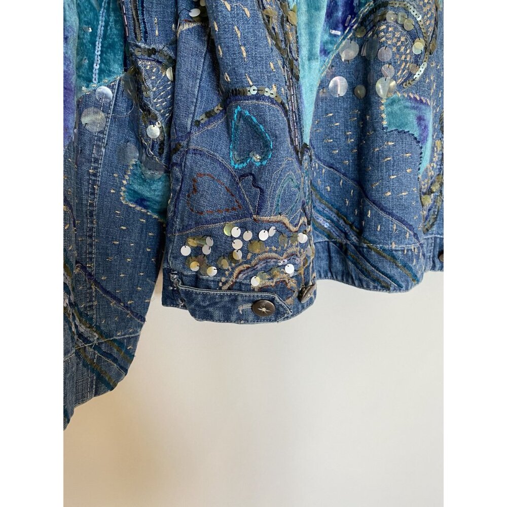 Chico’s Design Denim Jacket Size 2 Embellished Felt & Bedazzled Details - Picture 11 of 14